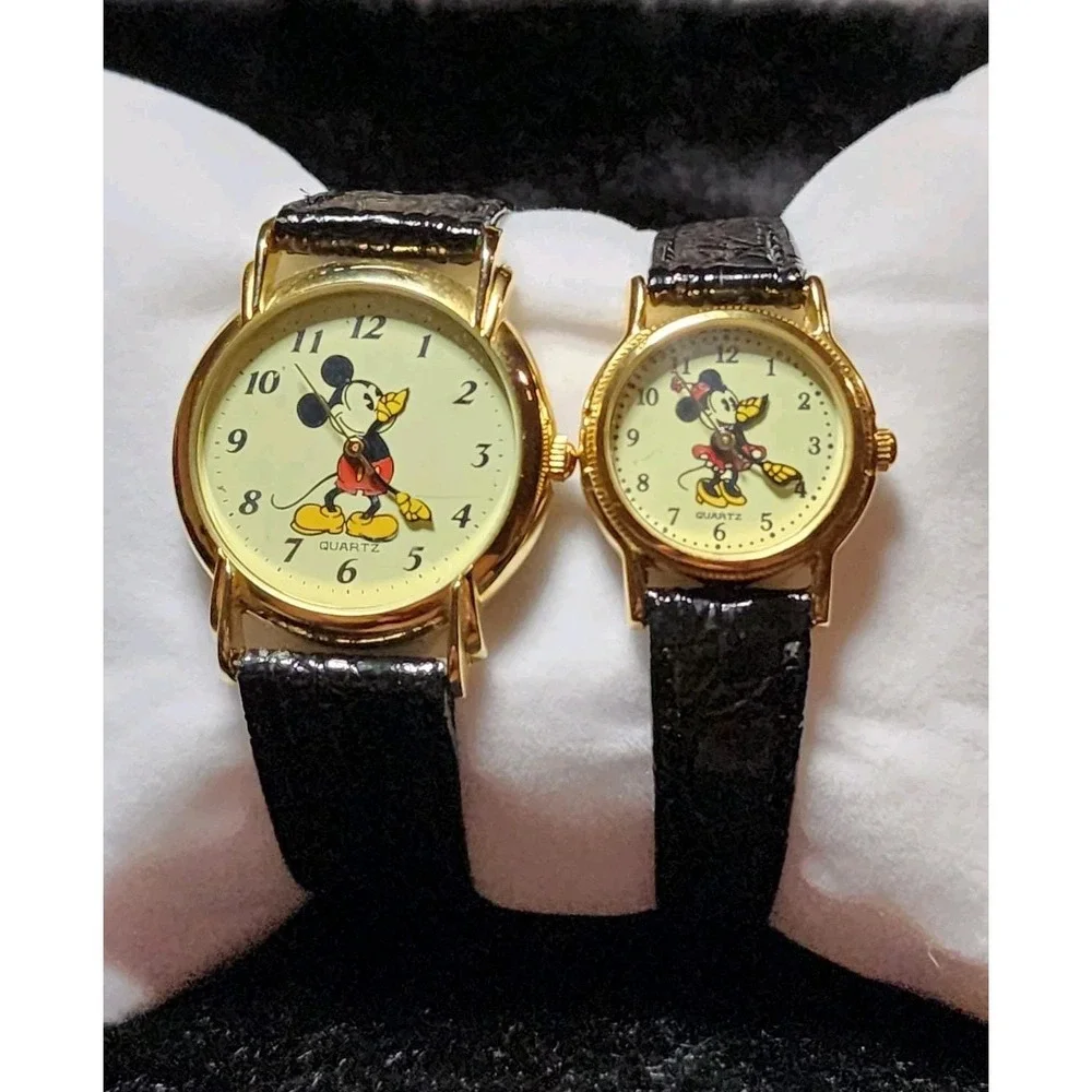 Vintage Disney Mickey & Minnie Mouse Watches Running Leather Band His & Hers Y2K